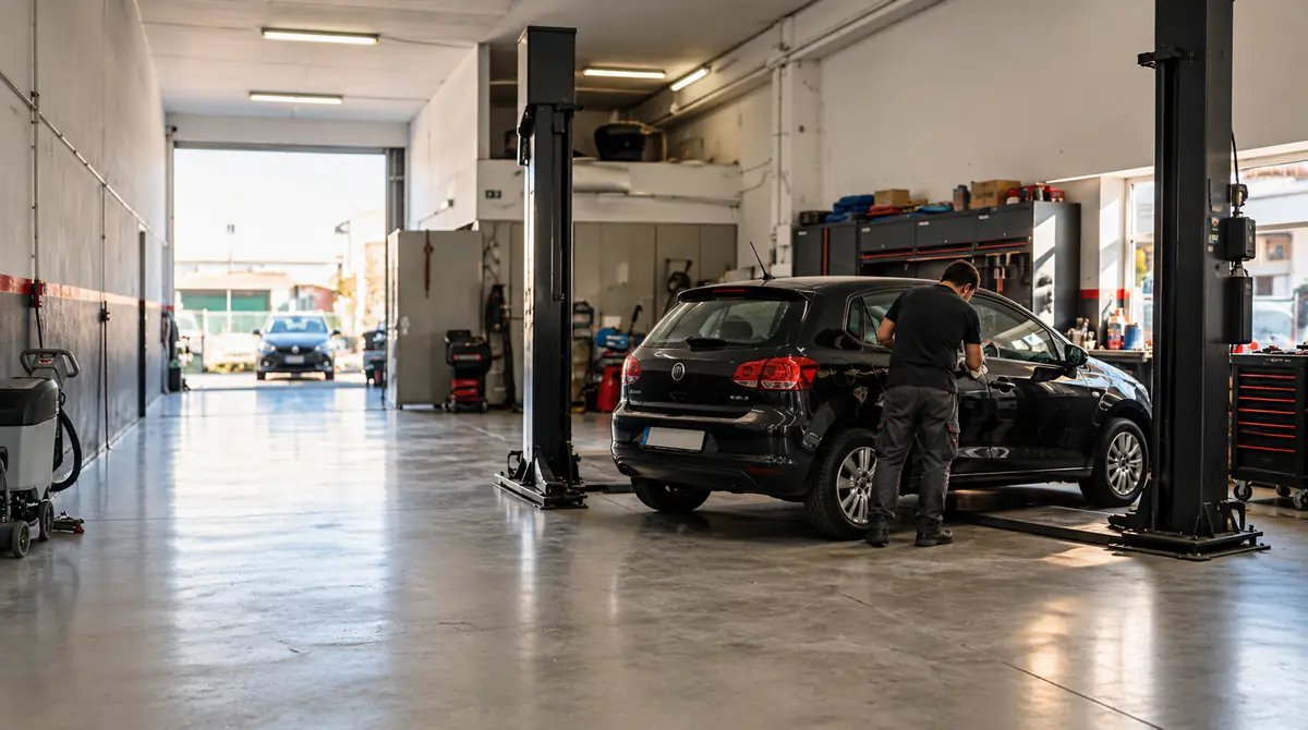 Tecnico accanto a un'auto nera sul ponte sollevatore, nell'officina Gasi