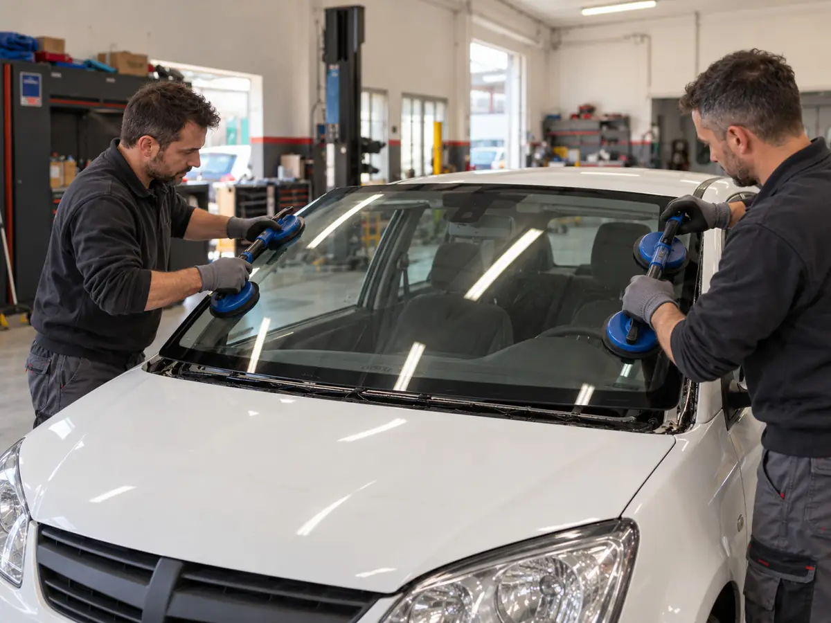 Due tecnici appoggiano con le ventose il parabrezza nuovo su un'auto bianca