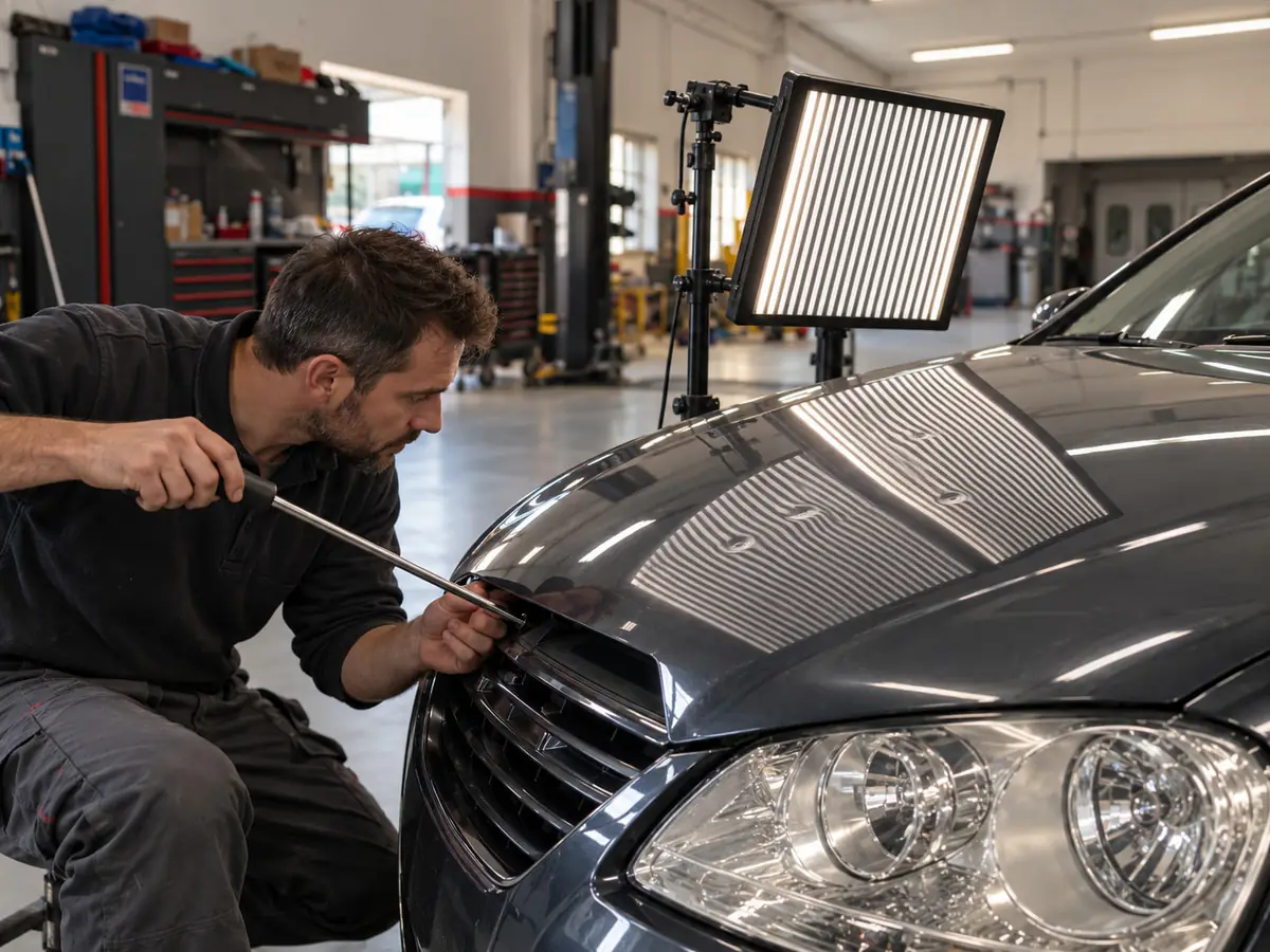 Tecnico levabolli al lavoro sul cofano di un'auto grigia, con la lampada a righe che mostra i bolli