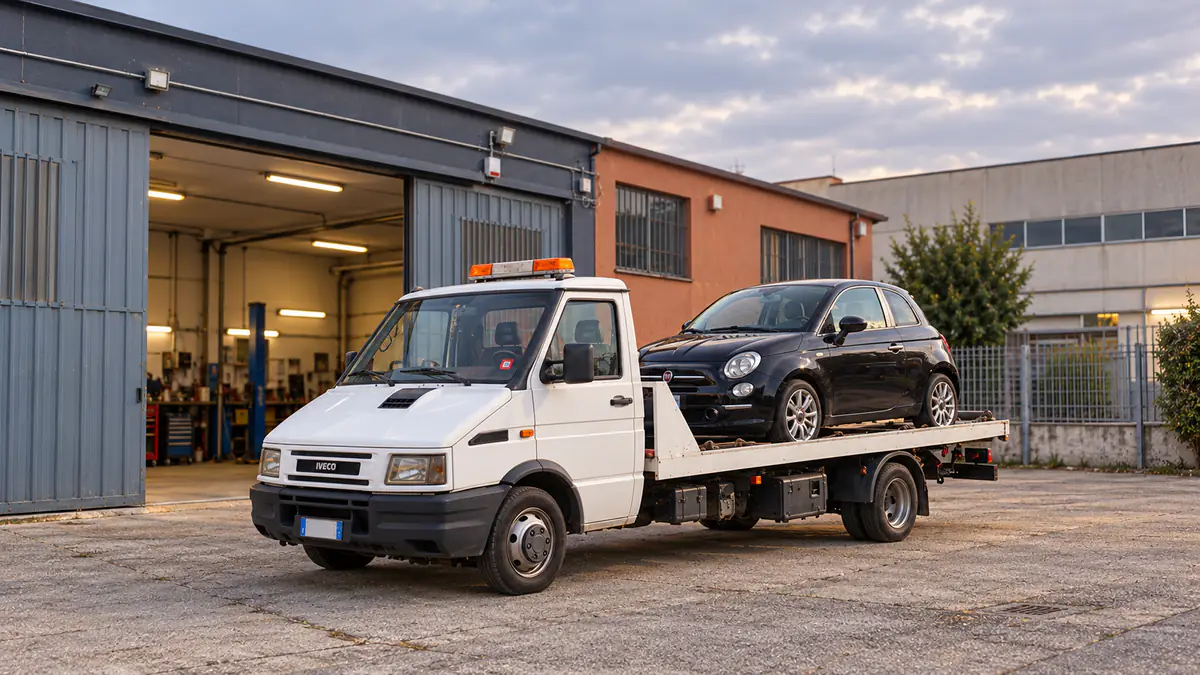 Il carro attrezzi Gasi con un'auto caricata, nel cortile della carrozzeria